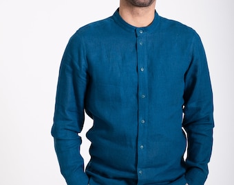 Blue-green linen men's shirt, emerald green shirt, gifts for mens, holiday shirt, long sleeves, Elegant linen shirt.