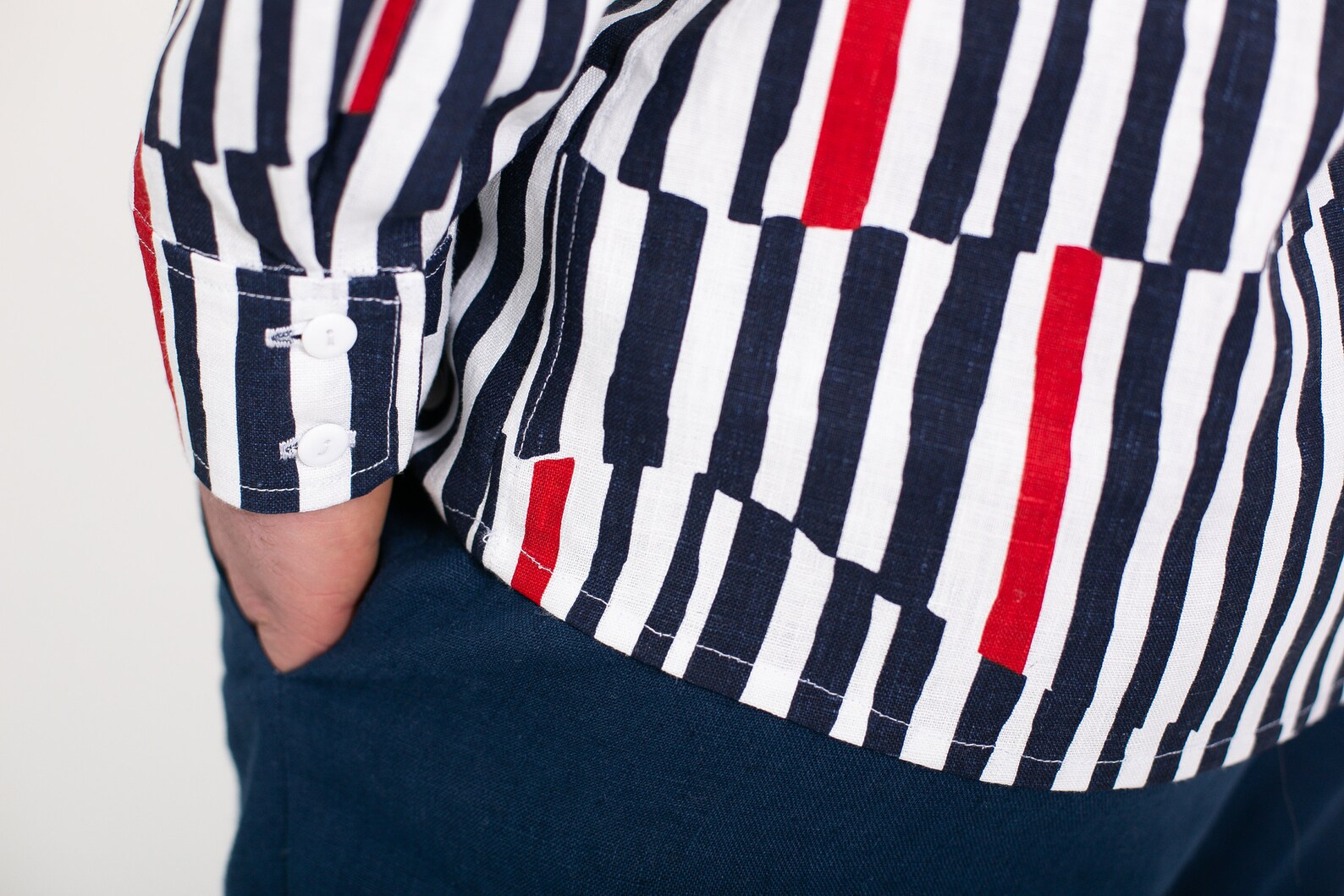 Dark Blue and Red Print Linen Classic Handmade Men's Shirt Etsy