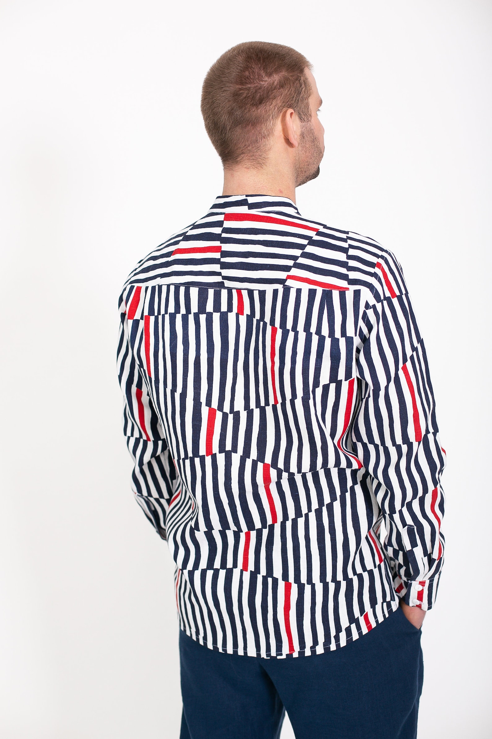 Dark Blue and Red Print Linen Classic Handmade Men's Shirt Etsy