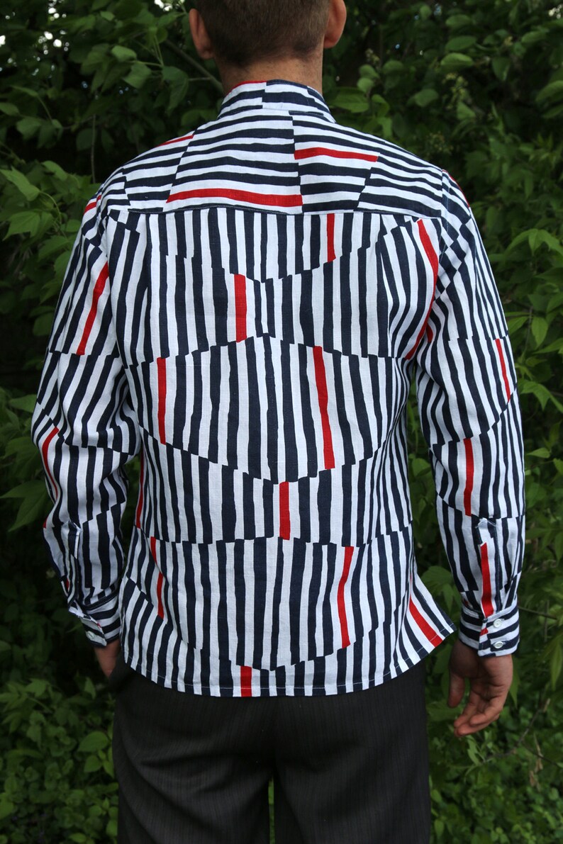Dark blue and red print linen classic handmade men's shirt Etsy