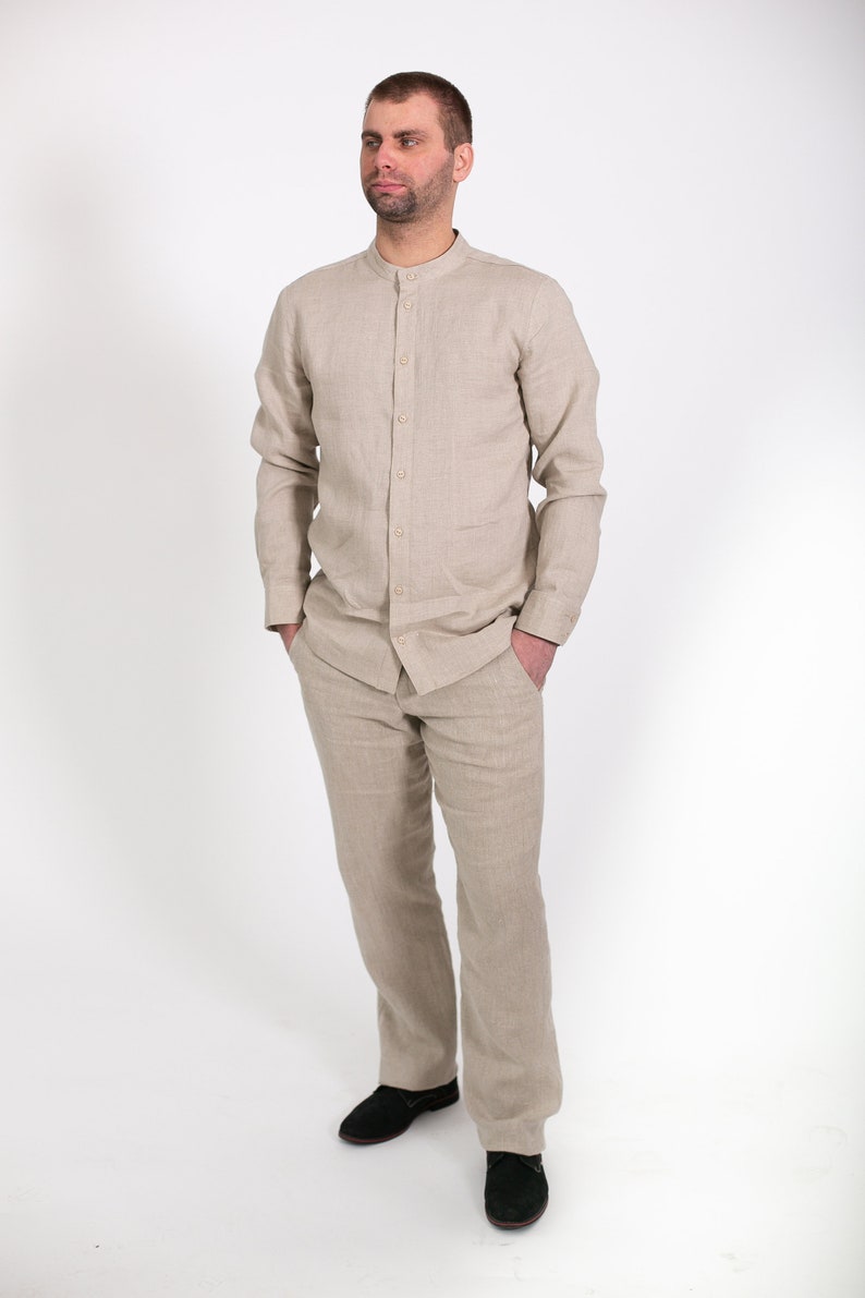 Natural linen classic handmade men's shirt image 1