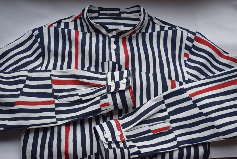 Dark blue and red print linen classic handmade men's shirt | Etsy