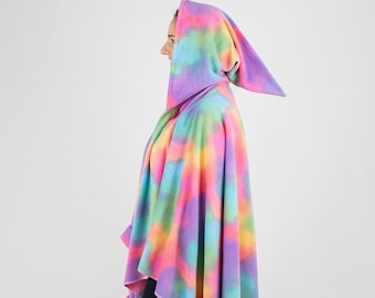 RAINBOW HOODIE CAPE, Australian Made, Wrap, Cloak, Handmade, Festival, Rave, Doof, Unicorn, Cosplay, Fantasy, Waldorf, Wizard, Handmade