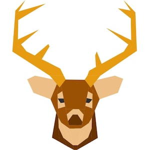 May include: A geometric illustration of a deer head with large, orange antlers and a brown face. The deer's eyes are black and its nose is brown.