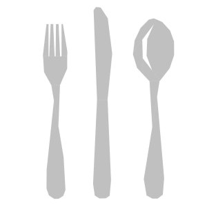 May include: A set of three silver utensils: a fork, a knife, and a spoon. The utensils are all in a simple, modern style.