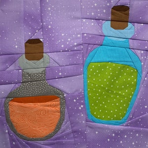 May include: Two glass bottles with cork stoppers, one with a green liquid and the other with an orange liquid, on a purple background with white stars.