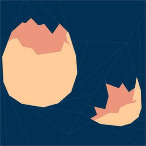 Könnte beinhalten: Eine gebrochene, hellorangefarbene Eierschale mit rosafarbenem Inneren vor einem dunkelblauen Hintergrund.