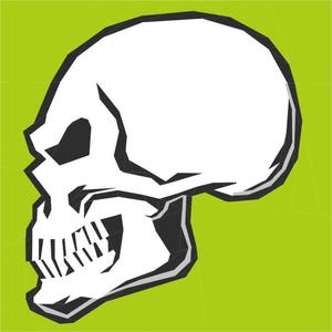May include: A vector illustration of a human skull in profile. The skull is white with black shading and outlines, set against a bright green background. The design has a geometric, angular aesthetic.
