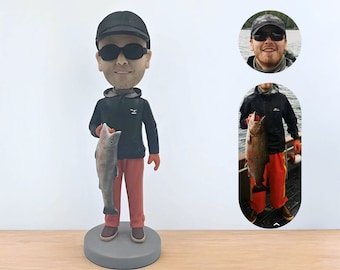 Custom Fisherman Bobblehead, Personalized clay Figurine Holding a Fish, Unique Fisherman Exclusive Souvenirs/Prizes, gifts for father