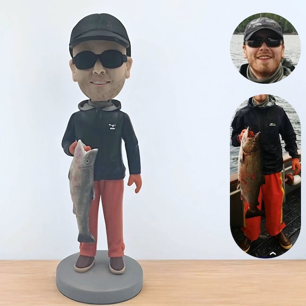 Custom Fisherman Bobblehead, Personalized clay Figurine Holding a Fish, Unique Fisherman Exclusive Souvenirs/Prizes, gifts for father