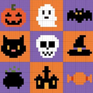 Halloween Crochet & Knitting Pattern | 9 Square Motifs | Cute Pixel Skull, Pumpkin, Ghost, Bat, Cat, Witch Hat, Haunted House, Cauldron