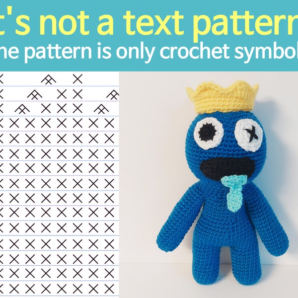 PDF Pattern, Crochet stuffed dolls toys, Roblox Rainbow Friends blue doll, crochet symbols pattern