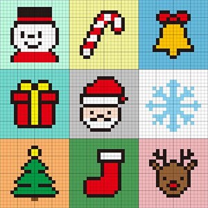 May include: A grid of nine pixelated Christmas-themed images. The images include a snowman, candy cane, bell, gift, Santa Claus, snowflake, Christmas tree, stocking, and reindeer. Each image is in a different colored square.