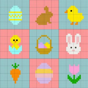 May include: A pixelated Easter-themed design with nine squares in a grid. Each square shows a different image: an Easter egg, a brown bunny, a yellow chick, a chick hatching, a basket with eggs, a bunny face, a carrot, an Easter egg, and a pink tulip.