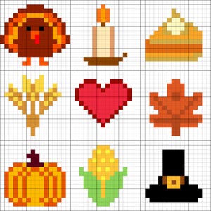 Puede incluir: Una cuadrícula de iconos pixelados con temática de Acción de Gracias. Incluye un pavo marrón, una vela encendida, una porción de pastel de calabaza, un haz de trigo, un corazón rojo, una hoja naranja, una calabaza, una mazorca de maíz y un sombrero de peregrino.