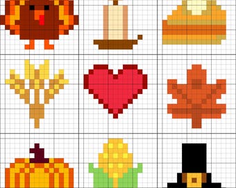Thanksgiving Crochet & Knitting Pattern | 9 Cute 25x25 Motifs | Turkey, Pumpkin, Corn, Pie, Leaves, Pilgrim Hat | PDF Graphghan Chart