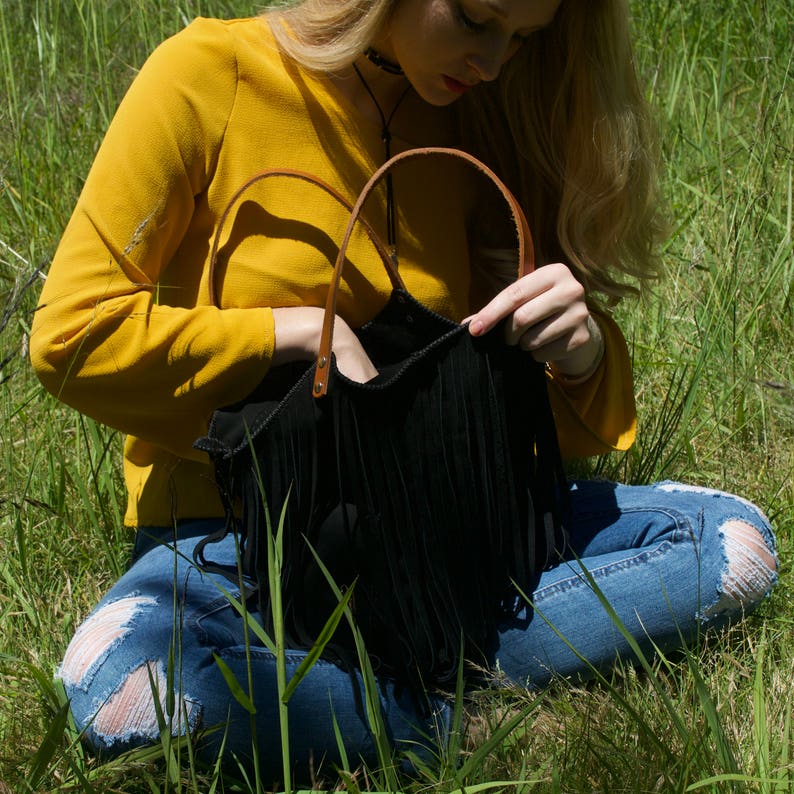 Lucila Bag Black Black Suede Bag With Fringe Black Etsy