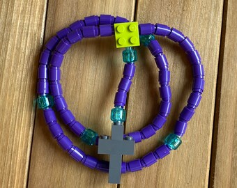 Rosary made of Lego Bricks - Purple, Translucent Aqua, Lime & Gray Catholic Rosary