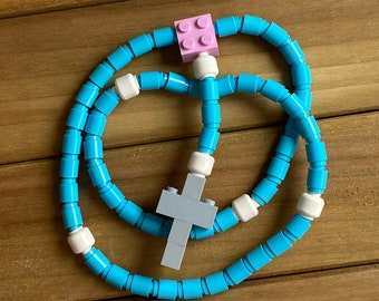 Rosary made of Lego Bricks - Aqua, White, Pink & Gray Catholic Rosary