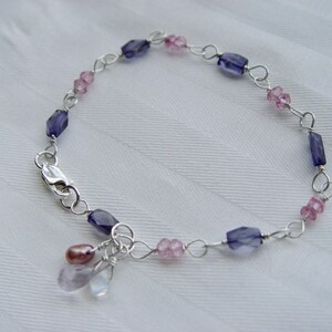 Sterling Silver Faceted Iolite & Pink Topaz Dainty Bracelet Wire Wrap