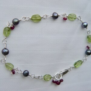 Sterling Silver Pearl Peridot Ruby Dainty Bracelet Toggle Clasp "Black & Red Currant" Wire Wrapped