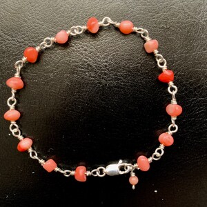 Solid 925 Sterling Silver Natural Coral Bead Bracelet Wire Wrapped