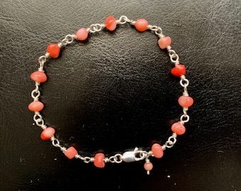 Solid 925 Sterling Silver Natural Coral Bead Bracelet Wire Wrapped