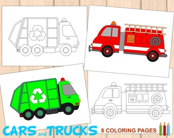 Kids Coloring Pages Cars And Trucks Activity Book Monster Truck Fire Racing Car Garbage Instant Download