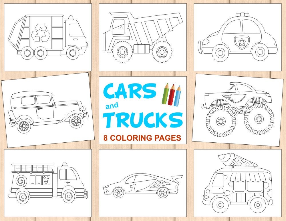 8 Kids Coloring Pages Cars And Trucks Activity Book Monster Etsy