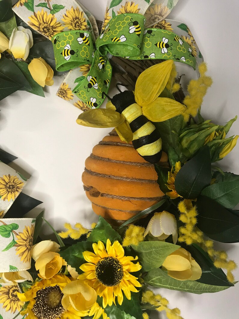 Spring summer bumble bee honey bee hive wreath with sunflowers Etsy