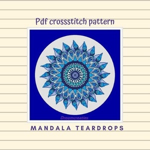 Mandala crossstitch Teardrops aqua blue - digital embroidery pattern  - 178 x 177 crossstitches - 32 x 32 cm - 13 x 13 inch