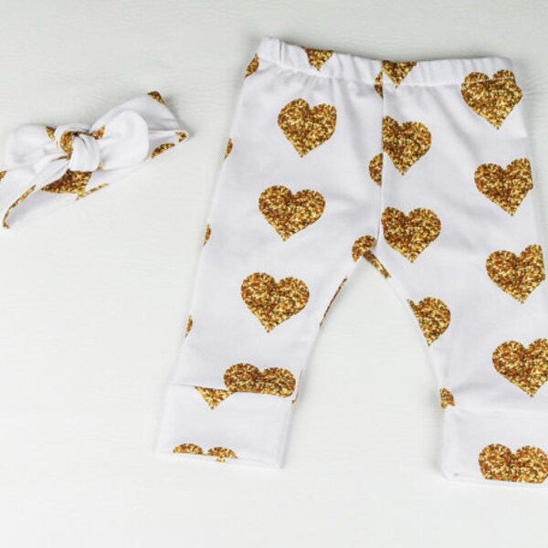 Valentinstag weiße Gold Glitter Herzen stricken, Leggings und Knot Turban Stirnband oder Slouch Beanie neugeborenes Baby Kleinkind Mädchen
