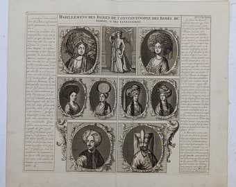 Habillemens Des Dames de Constantinopla, des Dames du Serrail & Ianissaires Mujeres turcas y jenízaros 1720