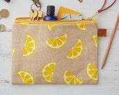 Screen Printed Linen Zipped Bag - Lemons