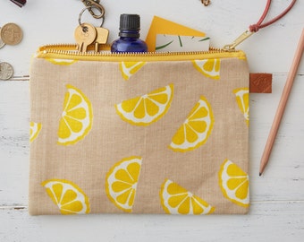 Screen Printed Linen Zipped Bag - Lemons