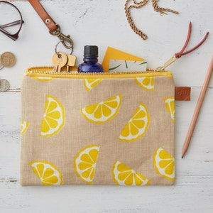 Screen Printed Linen Zipped Bag - Lemons