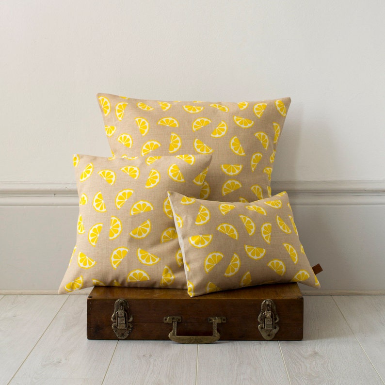 Lemons Fruity Yellow Screen Printed Linen Cushion Pillow - Thumbnail 2