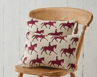 Hand Screen Printed Dressage Horse Linen Cushion Burgundy Gift House Countryside