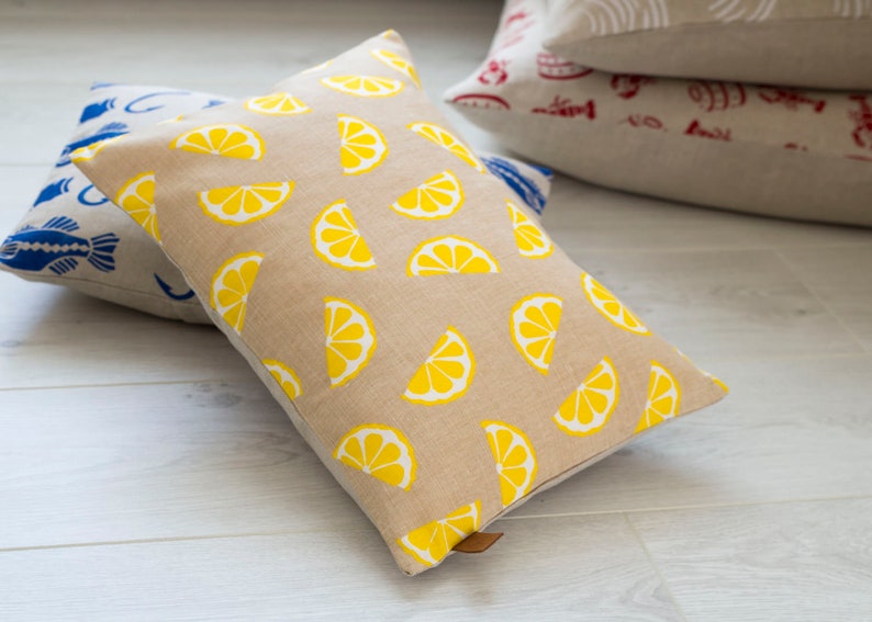 Lemons Fruity Yellow Screen Printed Linen Cushion Pillow - Thumbnail 3