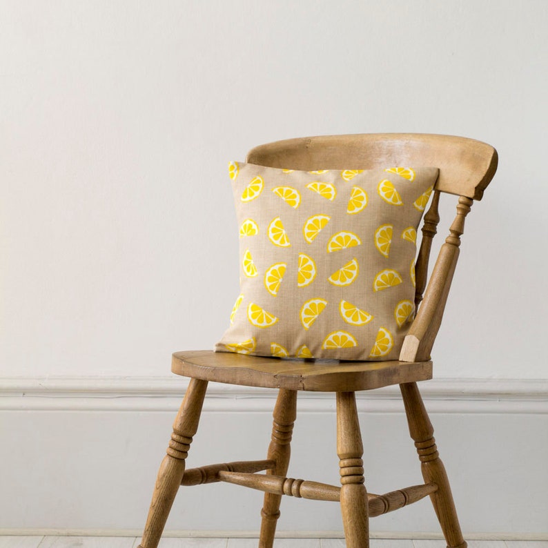 Lemons Fruity Yellow Screen Printed Linen Cushion Pillow - Thumbnail 4