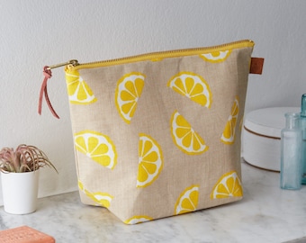 Screen Printed Linen Wash Bag - Lemons Fruit
