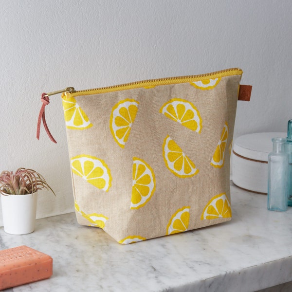 Screen Printed Linen Wash Bag - Lemons Fruit