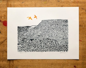 Handprinted Linocut Chapmans Pool Coastal Print