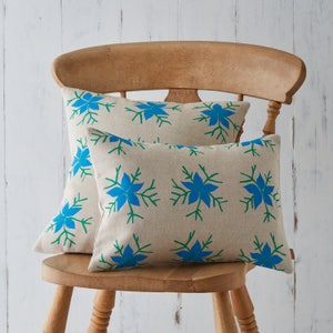 Nigella Botanical Screen Printed Floral Country Turquoise Blue Green Linen Cushion Pillow