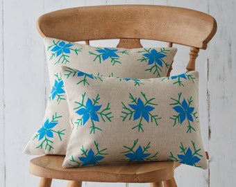 Nigella Botanical Screen Printed Floral Country Turquoise Blue Green Linen Cushion Pillow