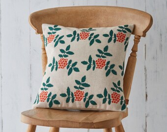 Rowan Berry Botanical Screen Printed Skandi Green Orange Linen Cushion Pillow