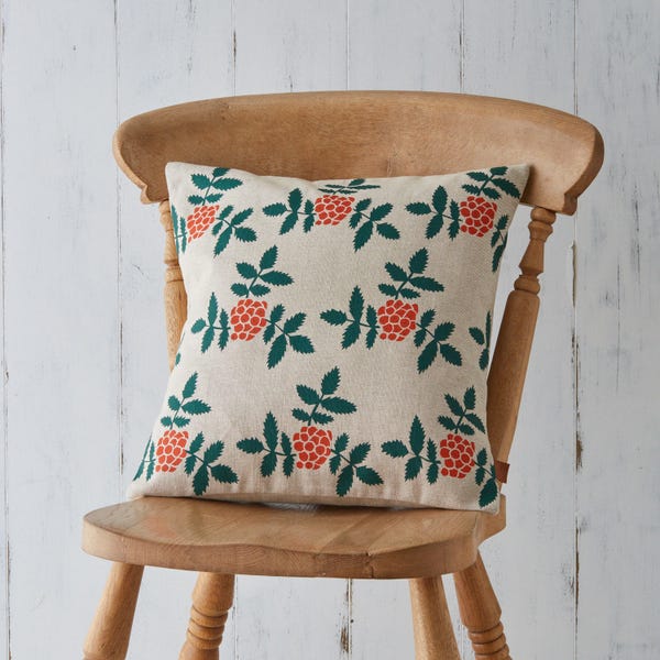 Rowan Berry Botanical Screen Printed Skandi Green Orange Linen Cushion Pillow