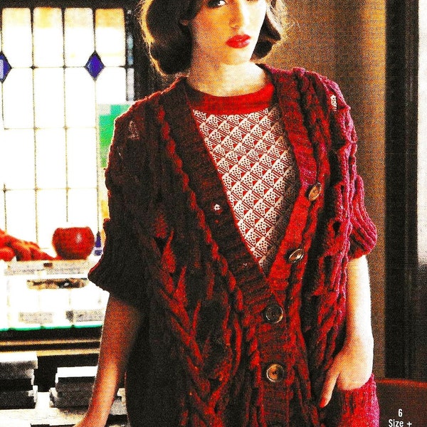 Modèle de tricot PDF dames superbe veste à manches courtes torsadée Designer surdimensionné Fuller figure 54-60" buste fil d'aran peigné