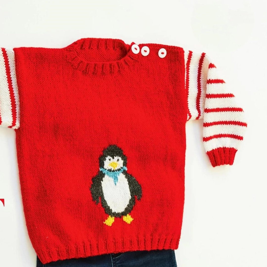 PDF Knitting Pattern Child's Cute Christmas Penguin Winter Jumper