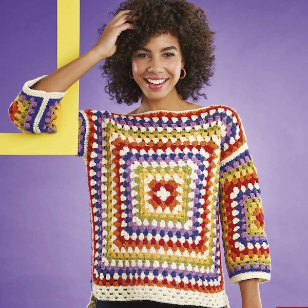 Crochet pattern PDF Large Granny Square  top tunic summer top 32-46 inches dk yarn